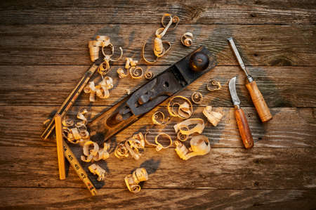 overhead view of a set of old toolsの写真素材