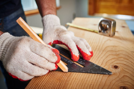 a man using a square to make a measurementの写真素材