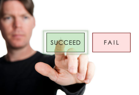 a man pressing a digital button that says succeed