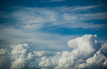 A variety of different types of clouds in a deep blue sky 