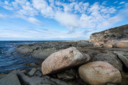Rocks and seaweed cover the shore of a bay in the province of Newfoundland and Labradorの写真素材