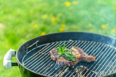 Delicious, juicy steak roasting on a traditional black grill, in spring sunlight, with lush green lawn with dandelions in the backgroundの写真素材