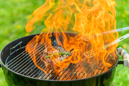 Delicious, juicy sirloin roasting on a traditional black grill, with a lot of fire in the grill. There is a lush green lawn with dandelions in the background. A grill tong reaches in to grab the steak. There is rosemary on the steakの写真素材