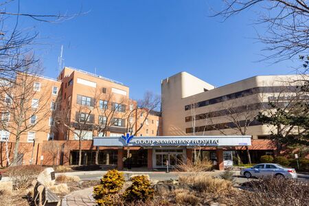 Suffern, NY / United States - Feb. 17, 2020: A landscape image of the entrance to Good Samaritan Hospital in Suffern, NY.  A non-profit, 286-bed hospital providing emergency, medical, surgical, obstetrical/gynecological and acute care services to residentのeditorial素材