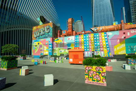New York, NY / USA - 8/20/20: a view of Street Art Murals at the World Trade Center