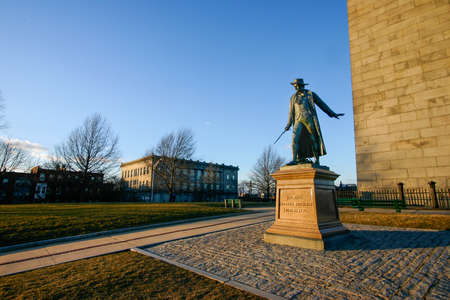 Boston, MA / United States - Feb 19, 2006: a sunset view of the statue of Col. William Prescott at Bunker Hill Monument located in the Charlestown section of Boston.のeditorial素材