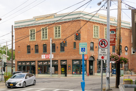 Warwick, NY / United States - Sept. 26, 2020: Wide angle view of the historic Masonic Temple on the...