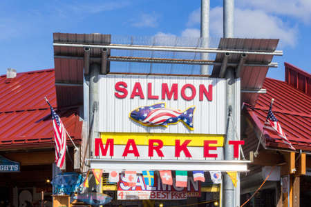 Ketchikan, AK / USA - Sept. 15, 2012: The entrance to the iconic Salmon Market, located on the corner of Mission and Main Street. They specialize in authentic Alaskan food products .のeditorial素材