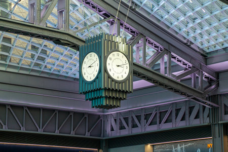 New York, NY -  USA - Jan. 10, 2021: Image of the station's clock in the newly opened Daniel Patrick Moynihan Train Hall, part of New York Pennsylvania Station in New York City.のeditorial素材