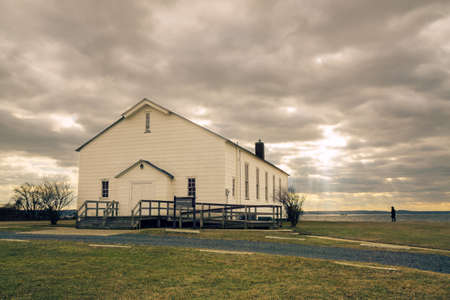 Sandy Hook, NJ - USA - Jan 17, 2021: View of Sandy Hook Chapel, a popular event venue over the years with its spectacular views of Sandy Hook Bay, vaulted ceilings, and wood plank floorsのeditorial素材