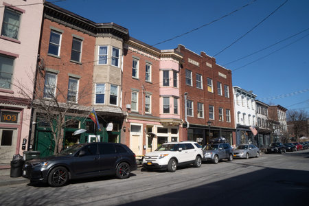Newburgh, NY - USA - Mar. 21, 2021: Landscape view of Newburgh's historic Liberty Street Business...