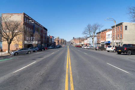 Newburgh, NY - USA - Mar. 21, 2021: Wide angle view of Broadway in Newburgh's   downtown shopping...