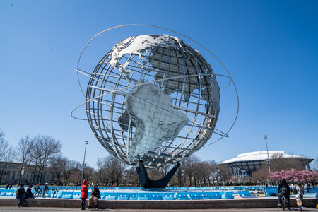 Queens, NY - April 3, 2021: View of the Unisphere, a spherical stainless steel representation of the...