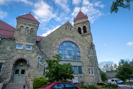 Kingston, NY - USA- May 12, 2021: VIew of the St James United Methodist Church in the Kingston...