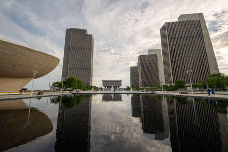 Albany, NY - USA - May 22, 2021: A wide angle landscape view of the Empire State Plaza complex and reflecting pool.のeditorial素材