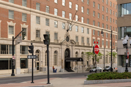 Albany, NY - USA - May 22, 2021: Entrance of the Renaissnce Hotel, once the historic DeWitt Clinton Hotel.のeditorial素材