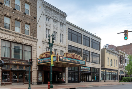 Schenectady, NY - USA - May 22, 2021: Proctor's Theatre is a former vaudeville house, designed by architect Thomas Lamb. The facade is faced in stucco, Doric pilasters, garlands and paterae.のeditorial素材