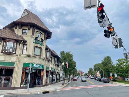 Suffern, NY - USA - July 17, 2021: Horizontal view of downtown Suffern's shopping district. Line with shops, restaurants, offices and public places in Rockland County.のeditorial素材