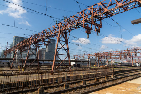 Hoboken, NJ - USA - July 30, 2021:  Horizontal view of the train yard at New Jersery Transit's Hoboken Terminalのeditorial素材