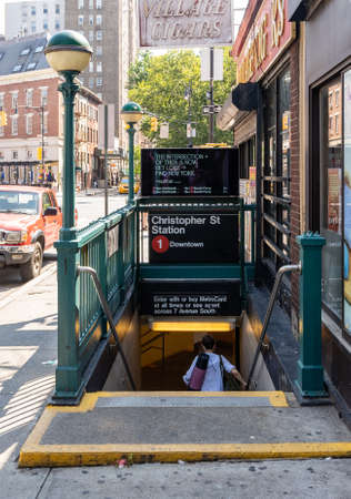 New York, NY - USA - July 30, 2011: Vertical daytime view of the entrance to the Christopher StreetâSheridan Square subway station, part of the New York City Subway station.のeditorial素材
