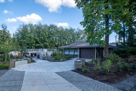 Tumwater, WA - USA - Sept. 20, 2021: Horizontal view of Brewery Park at Tumwater Falls. One-half mile of walking trails, highlighted by cascading waterfalls, still, reflective pools and massive rocks.のeditorial素材