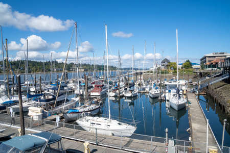 Olympia, Wa - USA - Sept. 20, 2021: Horizontal view of the Fiddlehead Marina, Olympia's first established, downtown marina. Located at the southern-most point of the Puget Sound in Budd Bay.のeditorial素材