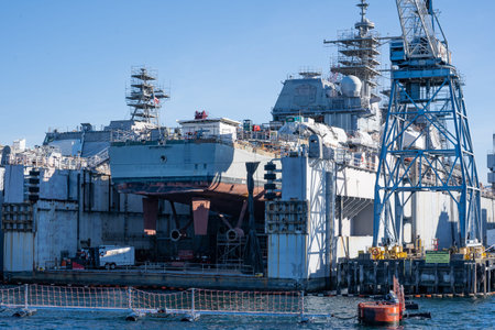 Seattle, WA - USA - Sept. 23, 2021: Horizontal view the USS Cape St. George, a Ticonderoga-class...