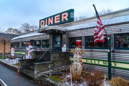 Red Hook, NY - USA - Dec. 28, 2021: Three quarter view of the Historic Village Diner, a distinctive...