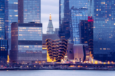 New York, NY - USA - Jan 2, 2022: Closeup view at sunset of the elaborate honeycomb-like structure...