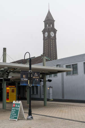 Hoboken, NJ - USA - May 20, 2022 Vertical view of the clock tower at the Hoboken Terminal, a commuter-oriented intermodal passenger station in Hoboken, Hudson County, New Jersey.のeditorial素材