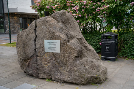 Reykjavik, Iceland - July 4, 2022 view of The Black Cone, Monument to Civil Disobedience, Created by Spanish artist Santiego Sierra A monument dedicated to the civil uprisings of Iceland.のeditorial素材