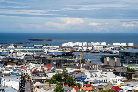 Reykjavik, Iceland - July 1, 2022 Landscape view of Reykjavik's Old Harbour, a former industrial port recently converted into one of the city's liveliest neighbourhoods.のeditorial素材