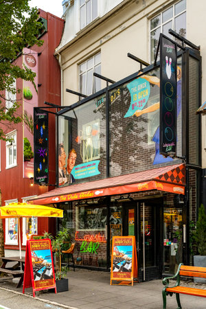 ReykjavÃ­k, Iceland - July 5, 2022 A view the famous Lebowski Bar on Laugavegur in downtown ReykjavÃ­k. A fun movie-themed restaurant based on 1998 comedy "The Big Lebowski"のeditorial素材