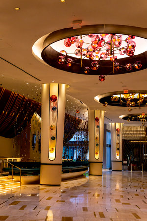 Hollywood, FL - USA - July 26, 2022 Interior view of the lobby and the Oculus Bar; a classic wine bar with a focus on beers, wines and signature cocktails at the Seminole Hard Rock Hotel and Casino.のeditorial素材
