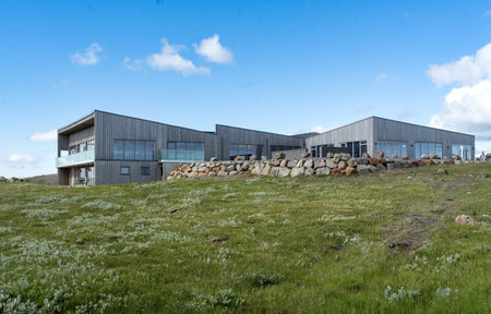 BlÃ¡skÃ³gabyggÃ°, Iceland - July 2, 2022 Horizontal view of the Gullfoss Visitor Center. Located in the canyon of the HvÃ­tÃ¡ river, it's part of the Golden Circle in southwest Iceland.のeditorial素材