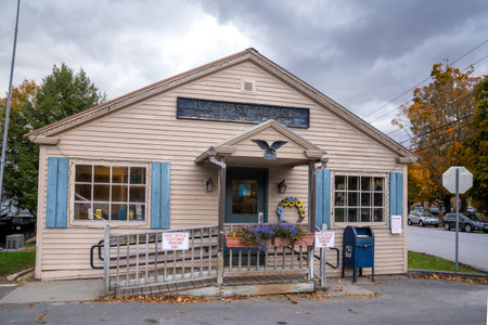 Weston, VT - USA - Oct. 7, 2022 Horizontal autumnal view of the historic wooden United States Post...