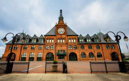 Jersey City, NJ - USA - Aug 3, 2018 Landscape view of the historic Central Railroad of New Jersey Terminal, a Romanesque-style riverside ferry and train terminal from 1889.のeditorial素材
