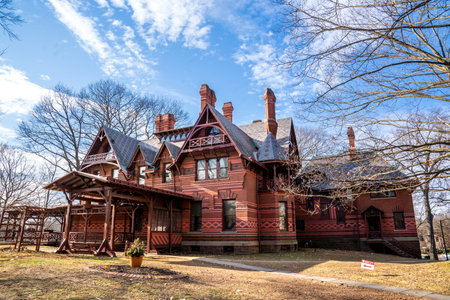 Hartford, CT - USA - Dec 28, 2022 View of the historic Mark Twain House. Home of Samuel Langhorne Clemens from 1874 to 1891. Designed by Edward Tuckerman Potter in the American High Gothic style.のeditorial素材