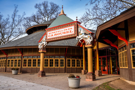 Hartford, CT - USA - Dec 28, 2022 The vintage 24-sided Bushnell Park Carousel pavilion, housing the historic 1914 Carousel, with 48 hand-carved wooden horses and two loversâ chariots in Bushnell Park.のeditorial素材