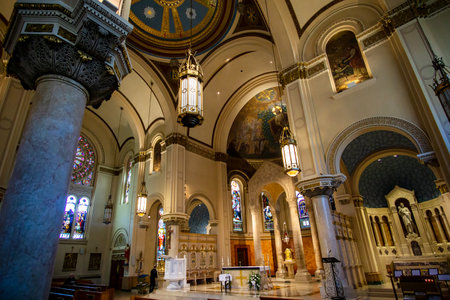 Bronx, NY - USA - Feb 11, 2023 Interior of the Byzantine Revival-style St. Raymond's Church, a parish church in the Bronx. Designed by George H. Streeton in 1898 and dedicated to Raymond Nonnatus.のeditorial素材