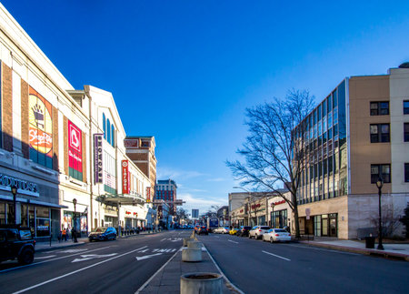 White Plains, NY - USA - Feb 10, 2023 Landscape view White Plainsâ downtown shopping and entertainment district, Mamaroneck Ave. Featuring City Center Shopping Mall.のeditorial素材