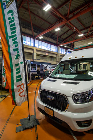 Suffern, NY - USA - Feb 18, 2023 Landscape view of the 48th Northeast RV Show. Display of recreational vehicles, campers, trailers, related products and services. Held at Rockland Community Collegeのeditorial素材