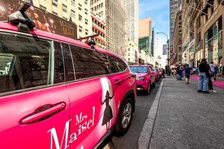 New York, NY - USA - April 14, 2023 Marvelous Mile, an event on Fifth Ave for The Marvelous Mrs. Maisel, a 60âs period piece, featuring a pink carpet, Sakâs Fifth Avenue, and displays of iconic scenesのeditorial素材