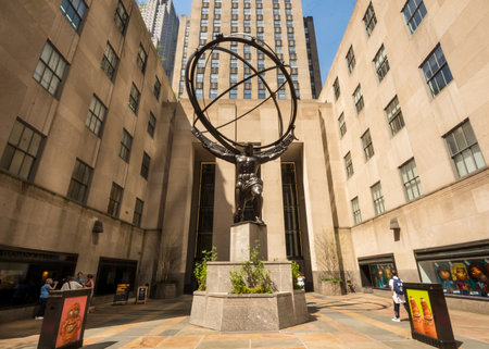 New York, NY - USA - April 14, 2023 Horizontal view of the International Buildingâs art deco Atlas,  an iconic bronze statue in Rockefeller Center, Atlas was created by the sculptor Lee Lawrie.のeditorial素材