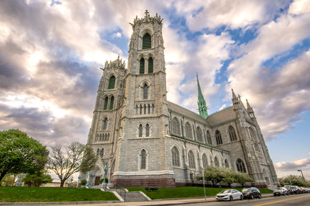 Newark, NJ - USA - April 17, 2023 Horizontal view of the French Gothic revival styled Cathedral Basilica of the Sacred Heart, the seat of the Roman Catholic Archdiocese of Newark.のeditorial素材