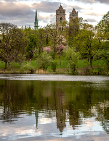 Newark, NJ - USA - April 17, 2023 Vertical view of the French Gothic revival styled Cathedral Basilica of the Sacred Heart, seen from Branch Brook Park in Newark, New Jersey.gのeditorial素材