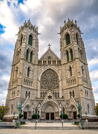 Newark, NJ - USA - April 17, 2023 Vertical view of the French Gothic revival styled Cathedral Basilica of the Sacred Heart, the seat of the Roman Catholic Archdiocese of Newark.のeditorial素材