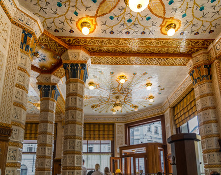 Prague, Bohemia - CZâ June 2, 2023 Horizontal view of the unique interior ceramic walls and columns in the historic Cafe Imperial. Located in the Art Deco Imperial Hotel in New Town section of Prague.のeditorial素材