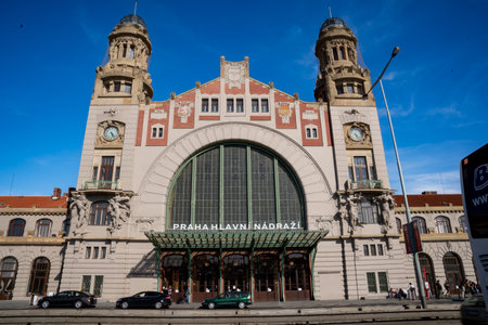 Prague, Bohemia - CZ - June 3, 2023 Landscape view of Prague Main Railway Station (Praha hlavnÃ­ nÃ¡draÅ¾Ã­) The historic building and the hall are significant Art Nouveau monuments in the Czech Republicのeditorial素材