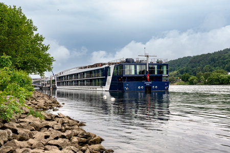 Vilshofen an der Donau, Bavaria - DE - June 6, 2023 Horizontal view of AmaWaterways AmaVerde, a luxury river cruiser built in 2011 in Switzerland, moored Vilshofen an der Donau.のeditorial素材